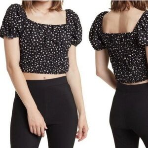 Md Elodie Daisy Puff Sleeve Crop Top | Black Cottagecore Floral Y2K Romantic